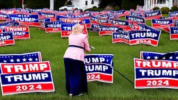 manly woman screaming on phone with trump 2024 campaign signs all over lawn