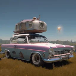 happy cute model sitting on roof of a caravan, wreckfest, spectacular graphics, unreal