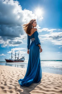 young lady wearing beautiful maxi blue dress standing in beach posing to camera ,ships in sea ,blue sky nice clouds