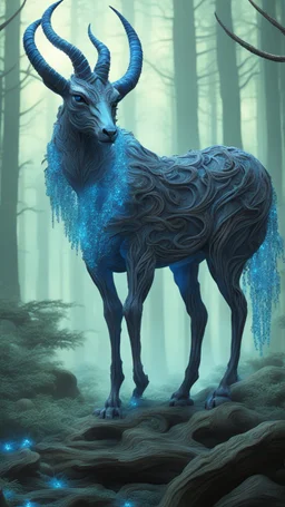 Dark forest, fantasy forest, gazelle with blue Crystal horns , intricate details, highly detailed in dreamshaper finetuned model with dynamic art style witg