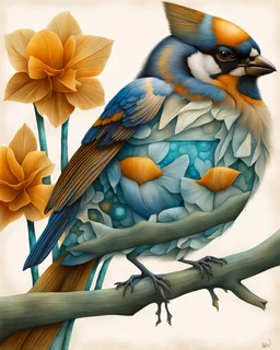surreal mixed-media illustration of a Blue Jay perched on a textured branch, depicted with a semi-transparent body that reveals an internal aquatic scene.Inside the bird’s torso, Angelfish swim gently in clear water, rendered with scientific-illustration precision and soft painterly textures.The bird’s feathers combine natural realism with subtle graphic stylization, including layered patterns and delicate linework.Surrounding the branch are daffodils and roses, illustrated in a vintage botanica