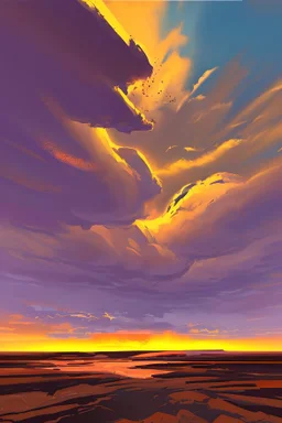 a paint of a land scape with big rocky rift and orange sky with a few clouds