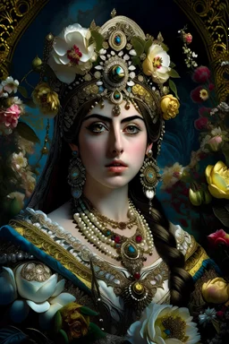 Fhoto half body, angle Raw, Beautiful face Iranian Princess front view portrait, adorned with giant Jasmine, and lily flower ,roses , golden pearls , zafir gemstone headress, wearing floral, lace, pearls, zafirs ornate Iranian costume, organic bio spinal ribbed detail of Iranian style full jasmin and rose and persian garden background by the moonlight extremely detailed hyperrealistic, by addie digi, maximalist portrait art.