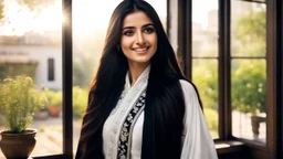 Hyper Realistic Photographic View Of A Gorgeous Pashto Young Woman (Wearing Long Black Coat With White Dress With Black Embroidery & Wearing Plain White Dupatta On Her Neck) Alone Happily Standing & Smiling In Her Office Room With Her Beautiful Long Black Hair With Sun Rays Coming From A Fancy Window At Her Back, With A Little Garden View From Outside WIndow Showing Dramatic & Cinematic Ambiance.