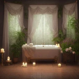 a gorgeous, stunning spa with gauzy curtains, beautiful, ornate bath, dark wood floor, plants, candles, flowers, tranquil, 8k resolution, high-quality, fine-detail, digital art, detailed matte, volumetric lighting, illustration, 3D octane render, brian froud, howard lyon, selina french, annie stokes, lisa parker, greg rutowski,