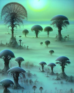 Richly textured Hieronymus Bosch, Catrin Welz-Stein, William Turner, Zdzisław Beksiński, Jacek Yerka oil on canvas zentangle line art style mix, surreal frosted fantasyland winter oceanscape, hoarfrost on trees, high grasses, snow and cottages, withered flowers, pale sunrise; paint splatter, beautiful vibrant colors, reflections, SK, flying seagulls, dramatic clouds, snowfall.