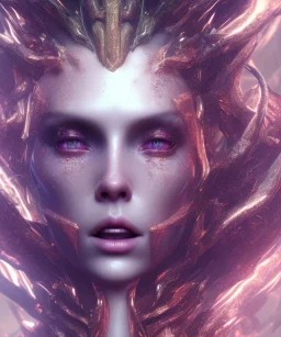 A portrait of crystalised demon,beauty in face, atmospheric, realistic, unreal engine, cinematic lighting,deep colours,gold,red,purple,fire,dark octane render.