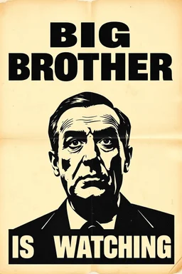 an old poster with the words"BIG BROTHER"(across top), the staring face of a man(middle, facing viewer), text "IS WATCHING"(across bottom), wwii era 1984 propaganda black and white printed poster on old paper