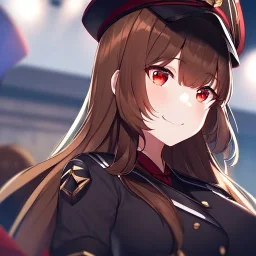 Clear Focus, High resolution, glowing red eyes, wearing a train conductor uniform, long dark brown hair, front hair is straight but the rest is fluffy, wearing a train conductor hat, evil smile, extreme close up