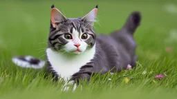 Funny cat in the grass with one butterfly