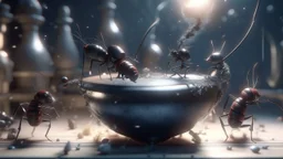 A hyper-realistic digital illustration showing a group of ants working together to lift a heavy anvil in an underwater aquarium, with bubbles floating around and distorted reflections on the glass walls