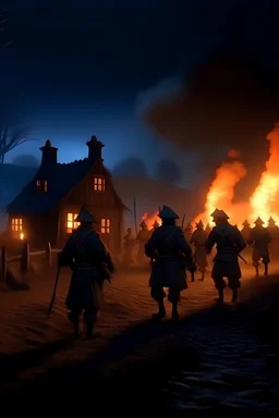 Tentara belanda, latar belakang Perkampungan suku toraja terbakar api di malam hari, realis, cinematic, render 3D