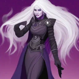 Female Aasimar Warlock dungeons and dragons character, spy, flowing white hair, amber eyes, black-purple eldritch energy