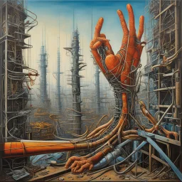 Come to grips, scaffolds holding a biomechanical hand in middle of construction, surrealism, by Max Ernst and H.R. Giger and Gerald Scarfe, groveling organic and mechanical elements, oil on canvas, colorful, quirky, creepy, minimalist, cyberpunk