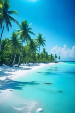 delightful summer day at the Maldives beach, coconut palms swayed gently in the warm breeze as the crystal-clear blue sea sparkled under the radiant sun