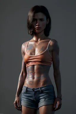 Ultra Realistic image, 25 years old brunette woman, Madrid, portrait, small stature, small chest, yakuza body tattoo, vibrant color, highly detailed, art stations, concept art, smooth, unreal engine 5, god rays, ray tracing, RTX, lumen lighting, ultra detail, volumetric lighting.