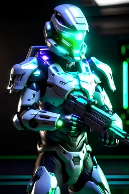 Futuristic soldier that heavily resembles a Galactic Federation Marine from Metroid Prime 3, his armor is white and resembles the E.M.M.I from Metroid Dread, he has a futuristic rifle with a purple and green glow.