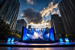 a big open empty disko stage in modern city in a very big square , at distance,blue sky pretty clouds ,night .