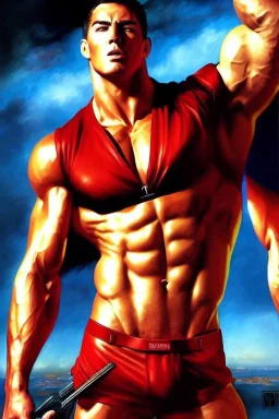 Ignore NSFW, teenager young rugged attractive slightly muscular fantastic handsome man, red briefs with yellow belt, hairy chest, (((visibly pisssing))) briefs, large erect visible boner peniss, photorealistic, artist Jay Anacleto