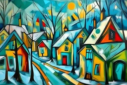abstract painting style picasso winter joy in lonely village cold colors