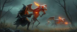 ninja necromancer in the wild, raising glowing raven skeleton giant babies with huge sci fi guns