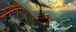 master oil painting by Rembrandt, roller coaster with some bad ass power off shore oil platform cyber punk people experiencing gravity at its worst