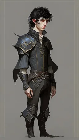 boy elf,he has curly, black hair and sharp cheekbones. His eyes are black. He wears fantasy medieval clothes. he is lean and tall, with pale skin, full body with boots, side view full body side profile