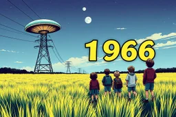 bumper sticker design in long rectangle, westall in bold heading text ufo 1966, lots of school children looking up in a field with high voltage powerline and gumtree's, mysterious cool, bold