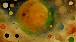 A beige planet with an asteroid belt around it painted by Paul Klee