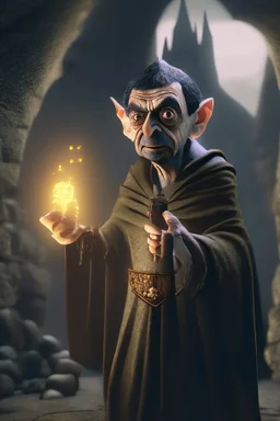 mr bean as robed goblin shaman wielding morning star in dark stone castle, 4 k, trending art, depth of field, volumetric light