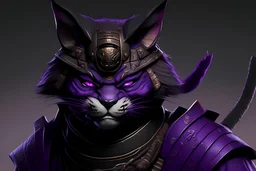 turnaround tech wears a samurai with an evil cat face and dark purple eyes