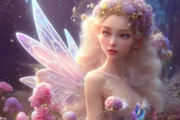 one very little beautiful fairy on a big crystal subtle flower in a galactic ambiance, transparent petals, delicate colors, in the foreground, full of details, smooth, bright sunshine，soft light atmosphere, light effect，vaporwave colorful, concept art, smooth, extremely sharp detail, finely tuned detail, ultra high definition, 8 k, unreal engine 5, ultra sharp focus