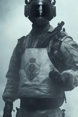 All black German soldier, wearing high tech mask, white smoke, dark, rage, sorrow, high definition, ultra 8 k, volumetric lighting, blue fire, fog