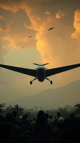 A trip of Amazonian with fathers on heads surrounding an crashed small airplane wondering and scared