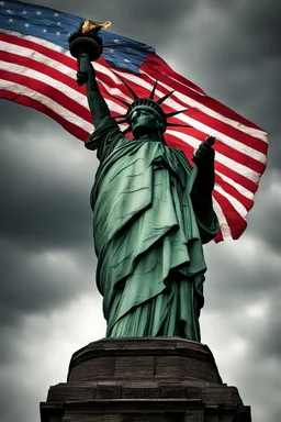 the statue of liberty, dress dirty and torn, her face solemn and terse, trash littered at her feet, she holds a crumpled american flag as she walks away, back to the viewer, under a dark and dreary sky