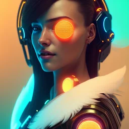 A beautiful portrait of a cyberpunk woman cyborg smiling facing camera orange color scheme, high key lighting, volumetric light high details with white stripes and feathers unreal 5, octane render, cinema4d, dynamic lighting, dramatic lighting, 4k, redshift render, highly detailed, hyper realistic like Tron the movie