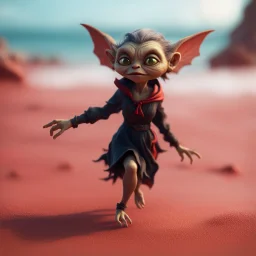 gremlin flying bromstick female witch on a red sand beach ,bokeh like f/0.8, tilt-shift lens 8k, high detail, smooth render, down-light, unreal engine