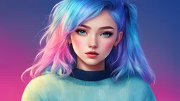 illustrator, anime , realistic ,sketch , 1girl, ,lip, Sweater,order, Blue gradient background, Neon hair,Textured crop, Canadian, (masterpiece,best quality)