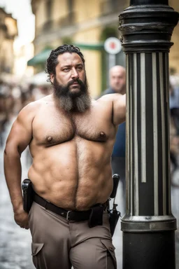 half figure shot photography strong chubby burly 39 years old neapolitan policeman, curly beard, dreadlocks, shirtless, manly chest, bulging trousers, in the sun, leaning against a lamppost in the middle of a crowded street, side light, sweat and wet