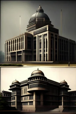 Architectural style for building of India's Intelligence Bureau , make it visibly military and intelligence style at the same time similar to Indian Architecture, use darker colors, make it wider and not much taller