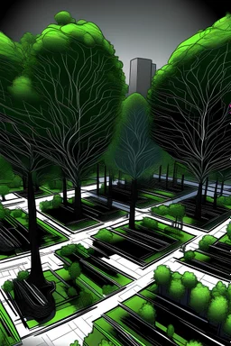 creat an image that shows urban trees with sensors. the image should be realistic and illustrate how trees cool the city