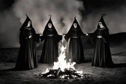[very impressive high res masterpiece in Kodak Eastman 5247, scene by László Krasznahorkai] Three Witches from Macbeth surrounded by flames with a pentagram around them