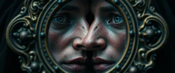 close up portrait of a voodoo transhumanism witchcraft inside double mirror