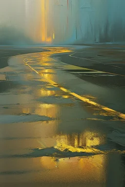 Oil painting about when rain falls on anything that turns it into gold