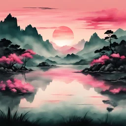 Rosey Pink sunset reflecting on a vast lake with sharp hills and mountains covered in lush jungle green in Chinese Style Ink Painting Art style