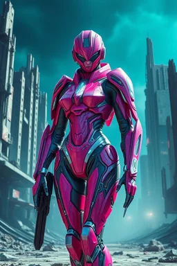 Hyper-realistic full-body 3D surreal digital painting of a female cyber android warrior, elegant armored magenta exoskeleton, crystalline embedded weapon systems, standing in a ruined futuristic city with deep teal sky, cinematic lighting, ultra realistic textures, masterpiece, 8k