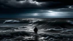 A lone person standing in the ocean with dark, stormy clouds in the background