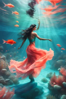 A graceful dancer wearing flowing skirts, in bright beautiful colors, underwater in a crystal clear jade colored ocean. Her long dark hair is flowing behind her. Bright coral and sea plants in the background. High resolution, high quality, 8k ultra high definition, high key realism, full body shot, contemporary art style