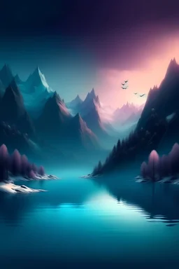 A landscape of a lake surrounded by fantasy mountains, with a mystical atmosphere. Use cold colors. in winter, at dusk.