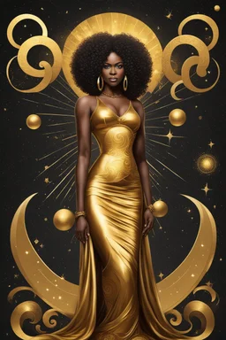 Create a expressionism art image of an astrological sign of Leo shinning. A curvy african female looking at the symbol with a smile on her face. Prominent makeup with hazel eyes. High detailed curly tight black afro. She is wearing a gold maxi dress with no shoes